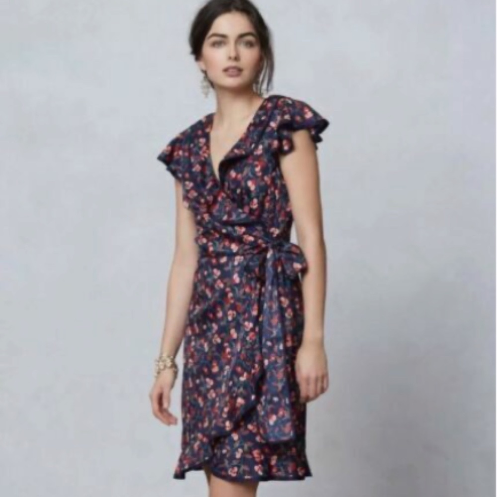 karen walker • cherry print ruffle wrap dress